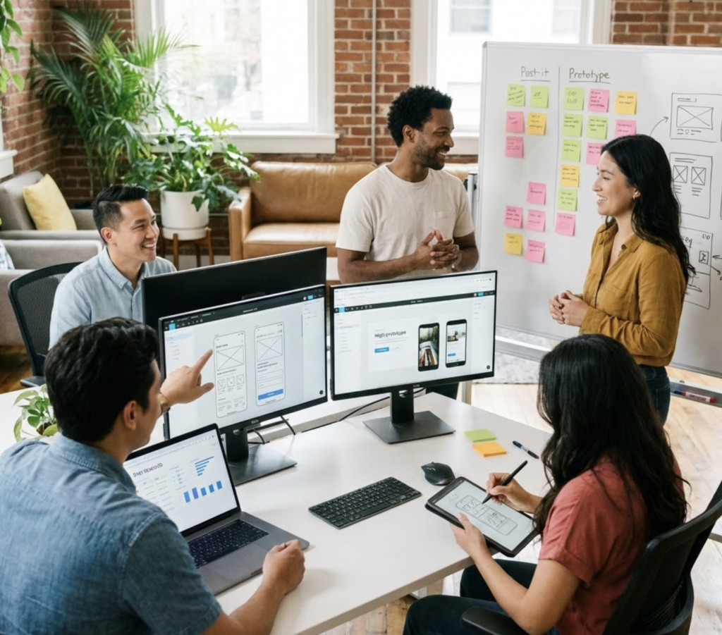 UX team collaborating on mobile app wireframes and prototypes at desk with monitors, tablet, and sticky-note whiteboard