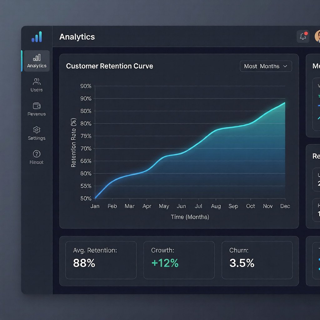 Analytics dashboard showing customer retention curve rising Jan-Dec, avg retention 88%, growth +12%, churn 3.5%