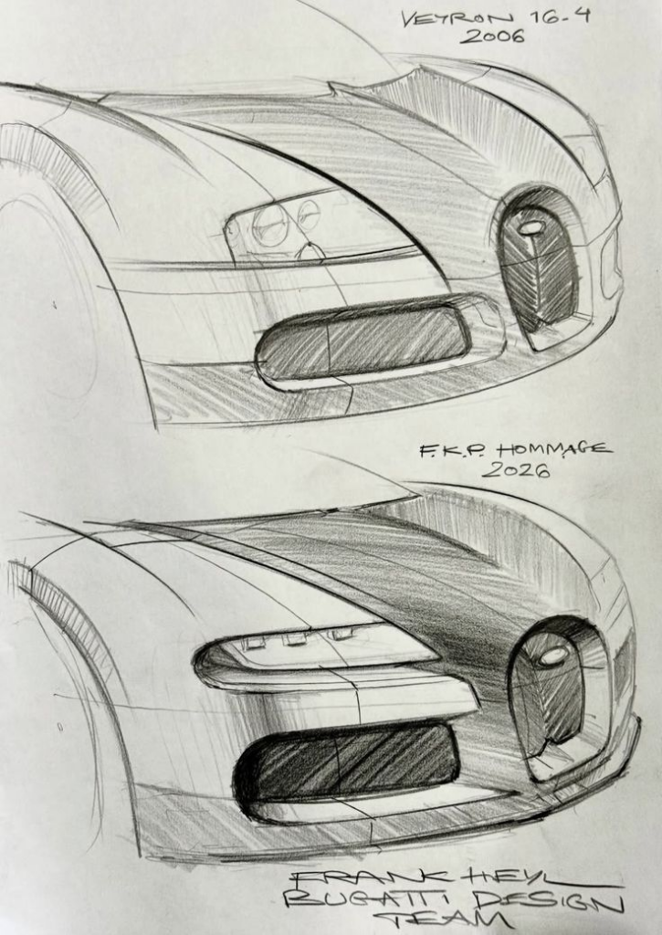 Pencil Bugatti design sketches of front ends, showing grille, headlights and bumper details; labeled Veyron 16.4 2006 and FKP Hommage 2026