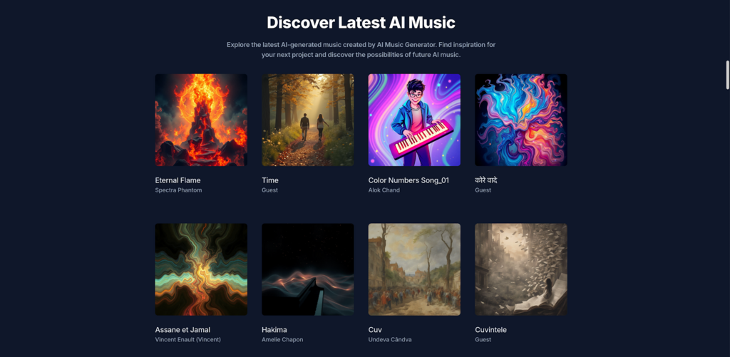 AI music discovery page showing a dark UI grid of colorful AI-generated album thumbnails and titles under the Discover Latest AI Music header. AI Music Tools