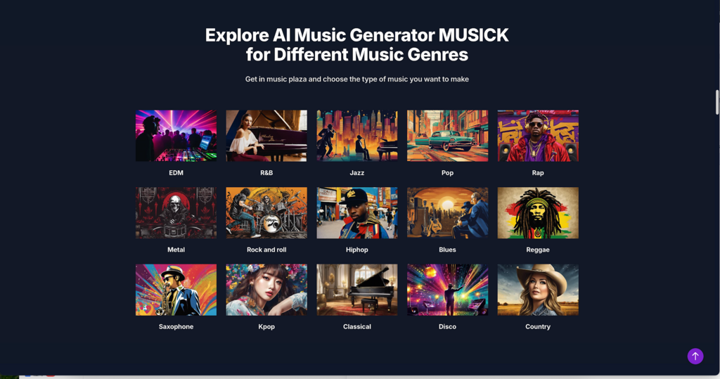 MUSICK AI music generator landing page with dark UI and grid of genre tiles (EDM, R&B, Jazz, Pop, Rap, Metal)