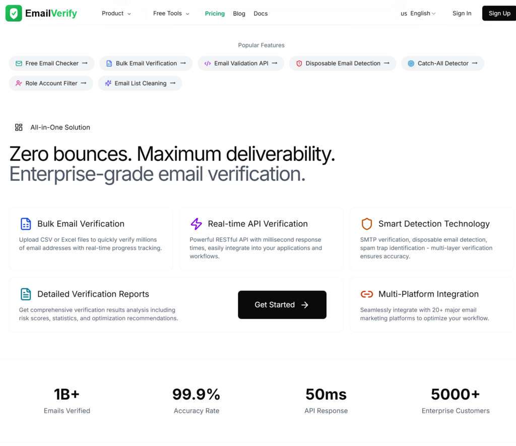 EmailVerify website screenshot highlighting Zero bounces. Maximum deliverability. with bulk email verification, real-time API, and 99.9% accuracy.