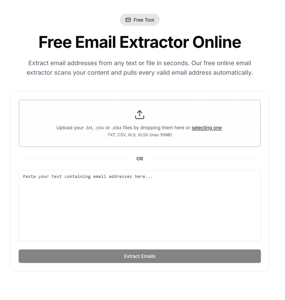 Free Email Extractor online tool UI showing upload area, paste text box and 'Extract Emails' button to extract email addresses Treat Email