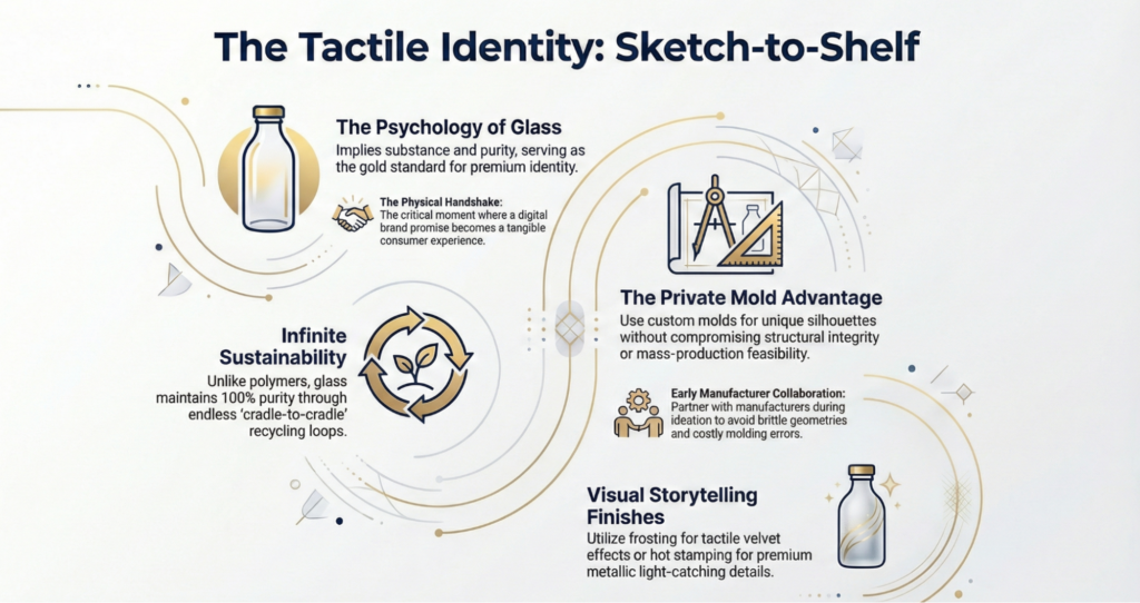 Infographic The Tactile Identity: Sketch-to-Shelf outlining glass packaging psychology, private-mold advantage, infinite sustainability, and visual storytelling finishes.