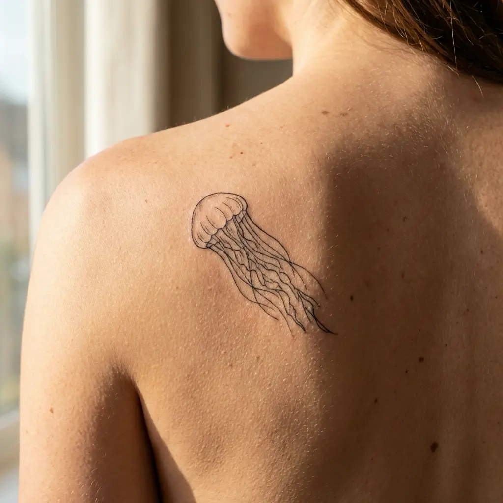 Minimal black line jellyfish tattoo on a person's upper back shoulder, small delicate marine ink design for tattoo inspiration