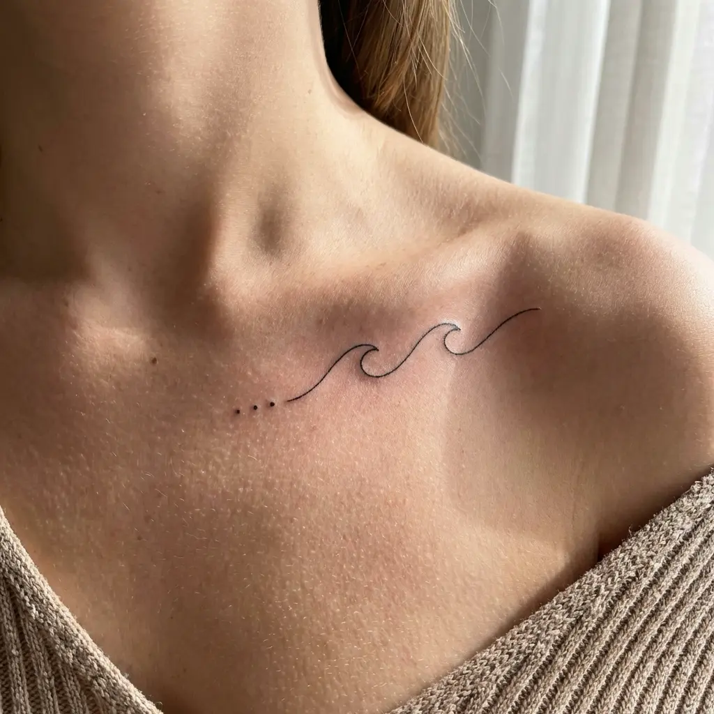 Minimalist collarbone wave tattoo: close-up of fine-line wave and three small dots on a woman's shoulder, neutral knit top