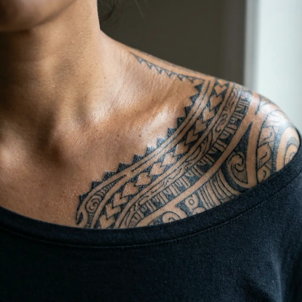 Close-up of collarbone and shoulder with intricate Polynesian-style tribal tattoo and black neckline