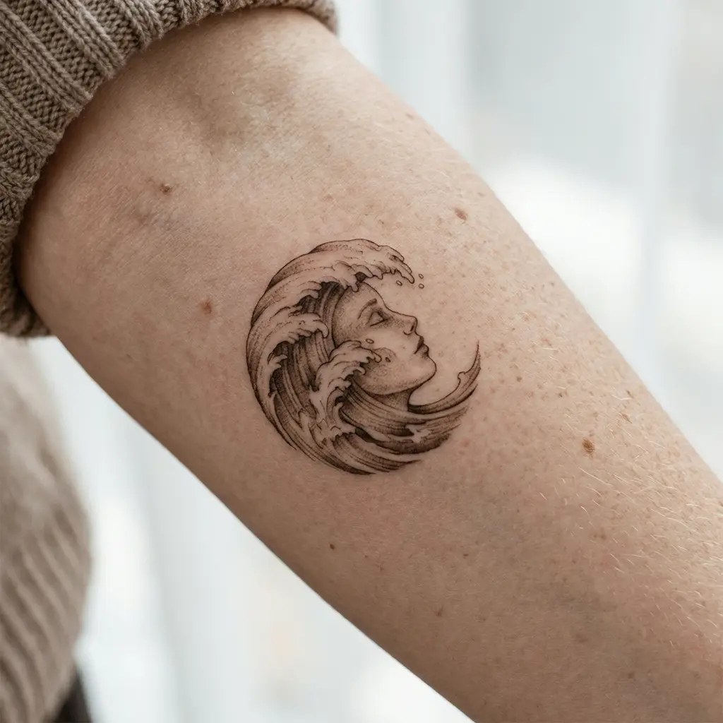 Small black linework crescent wave tattoo forming a woman's face in profile on inner forearm, minimalist ocean-inspired design