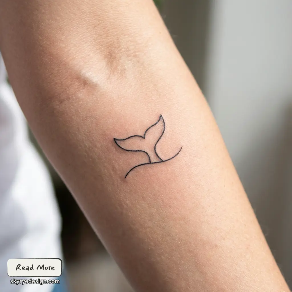 Minimal black-line whale tail tattoo on inner forearm - tiny minimalist ocean-inspired line art design.