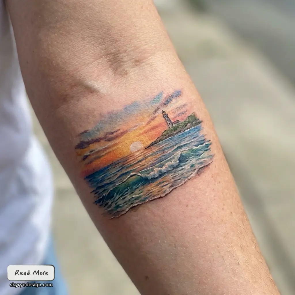 Colorful lighthouse tattoo on forearm depicting sunset over ocean waves with sun, clouds and detailed blue-green water.