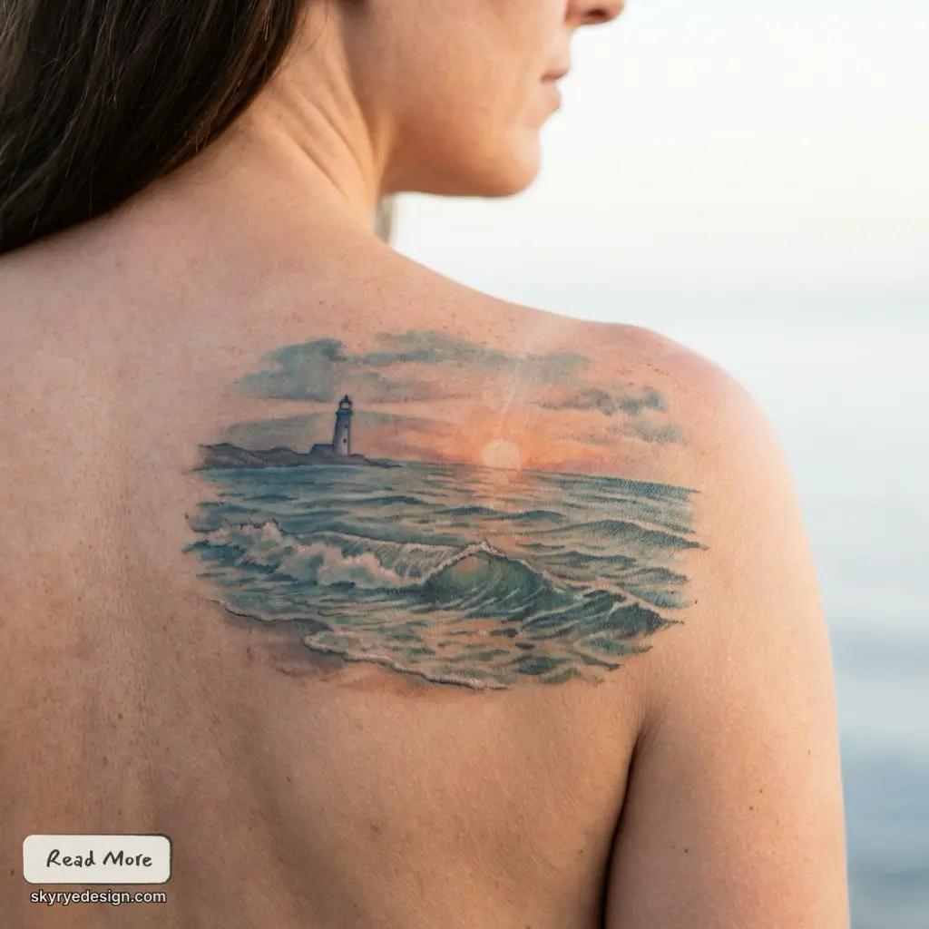 Watercolor seascape shoulder tattoo featuring waves, lighthouse and sunset on an upper back — beach-inspired ocean tattoo design.