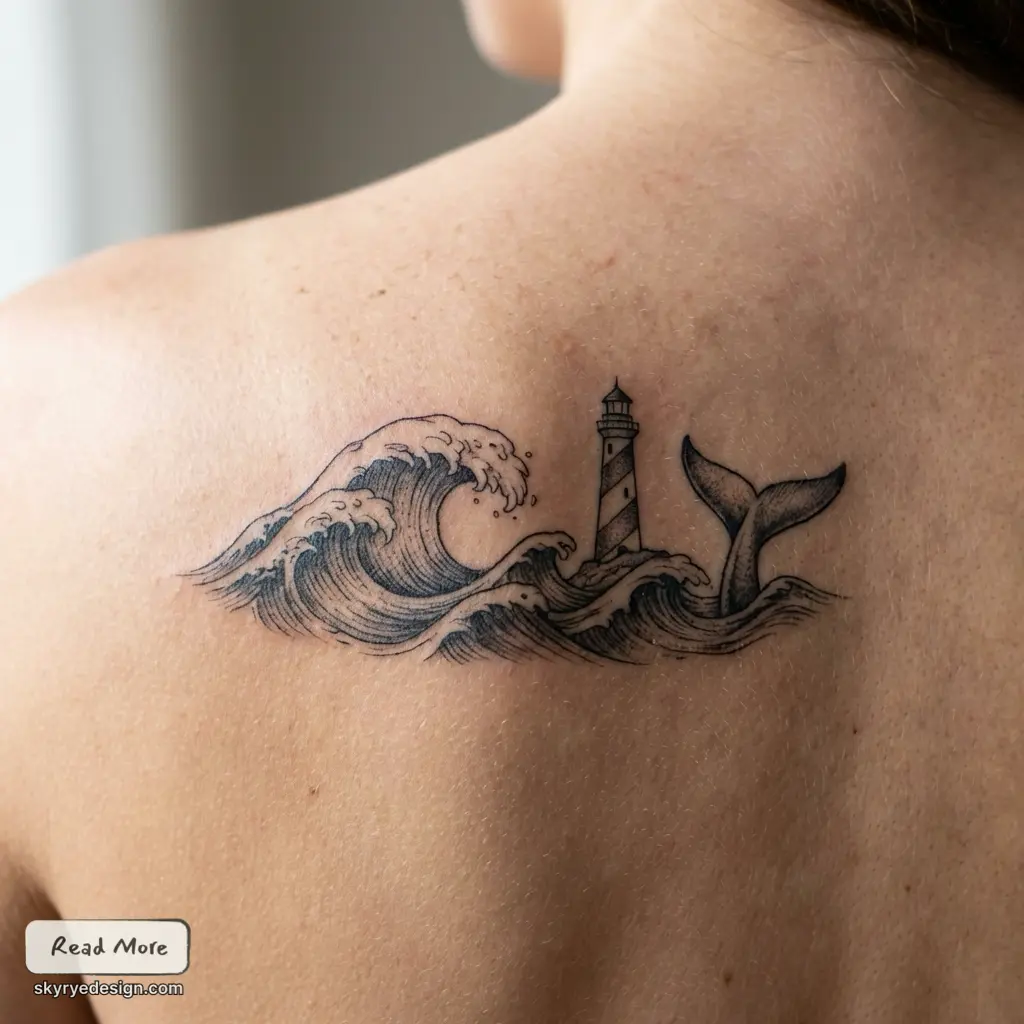 Black-ink ocean tattoo on upper back featuring stylized waves, a lighthouse and a whale tail — minimalist nautical back shoulder design.