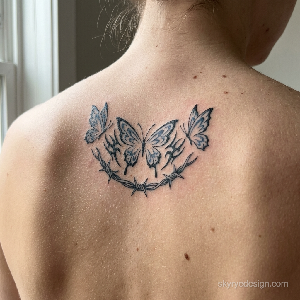 Upper back butterfly tattoo: three black-gray butterflies with tribal flames and barbed-wire curve