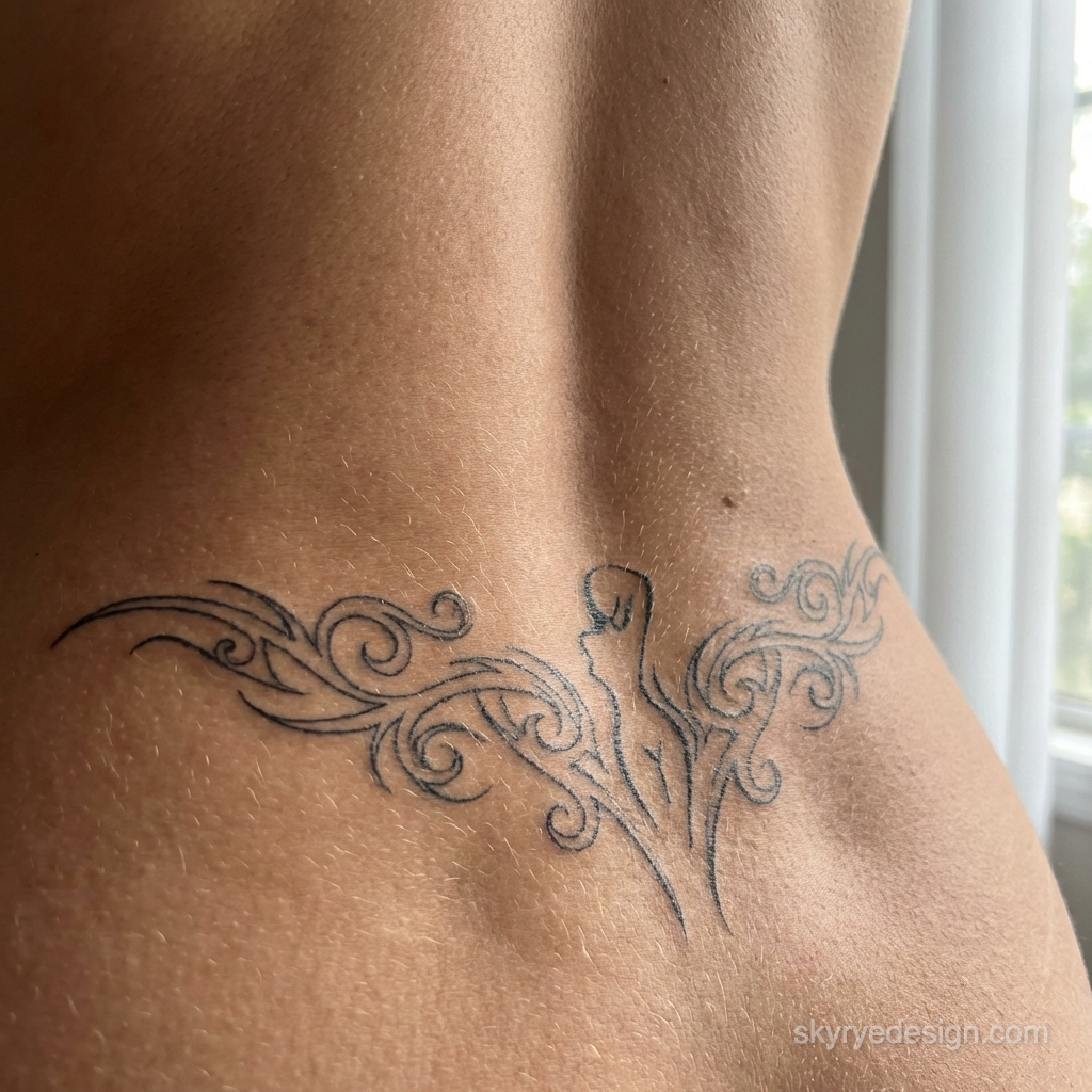 Suggested alt text: Close-up of ornamental tribal lower back tattoo with swirling filigree and small central silhouette on sunlit skin Y2K Tattoo Ideas