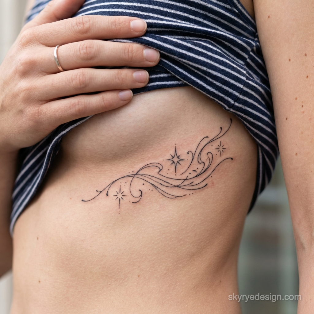 Minimalist fine-line underbust rib tattoo of stars and flowing swirls revealed under a striped top