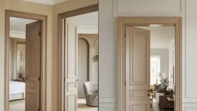 Elegant paneled wooden interior doors with classic molding, open to neutral-toned living room and bedroom - modern timeless home entryway