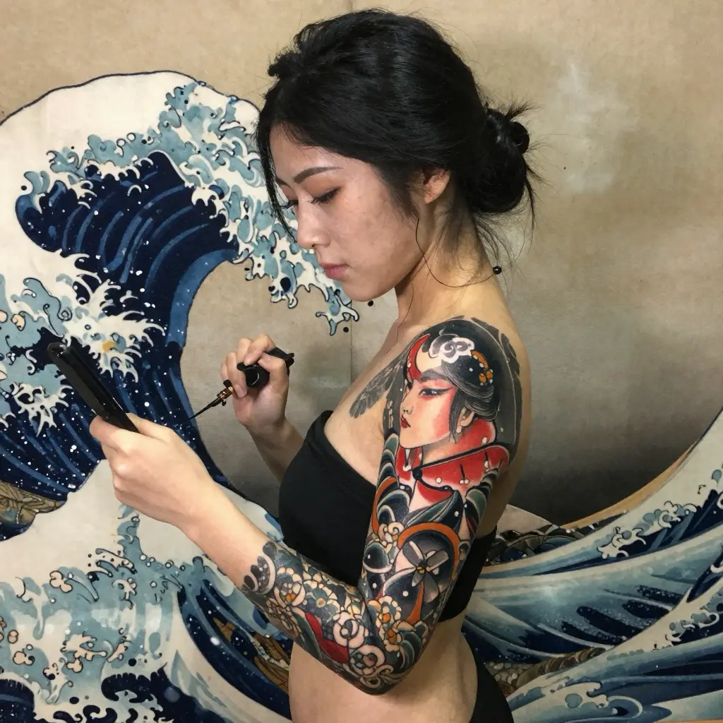 Woman with colorful Japanese-style full sleeve tattoo holding a tattoo machine in front of The Great Wave mural.