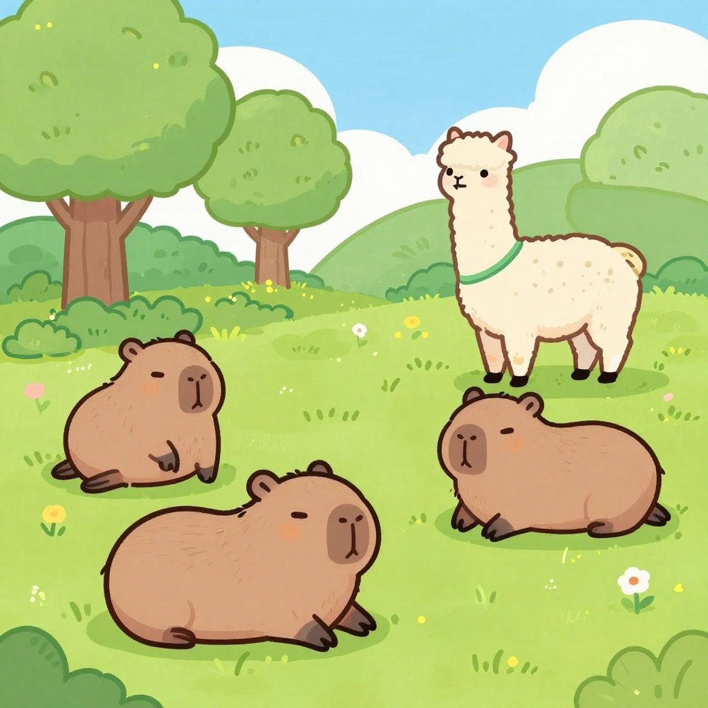 Kawaii cartoon capybaras lounging in a sunny green meadow with a standing alpaca, trees and wildflowers, cute animal illustration
