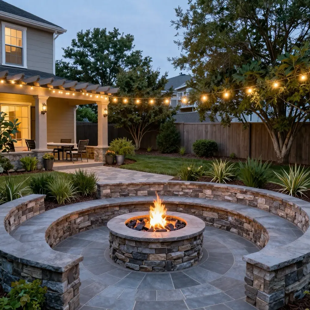 Evening backyard patio with circular stone fire pit and built-in seating, string lights, pergola-covered dining area and landscaped yard.