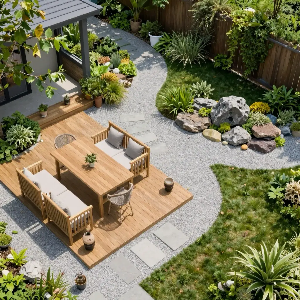 Modern backyard patio with wooden outdoor dining set on deck, gravel path and stepping stones amid landscaped garden and rockery.