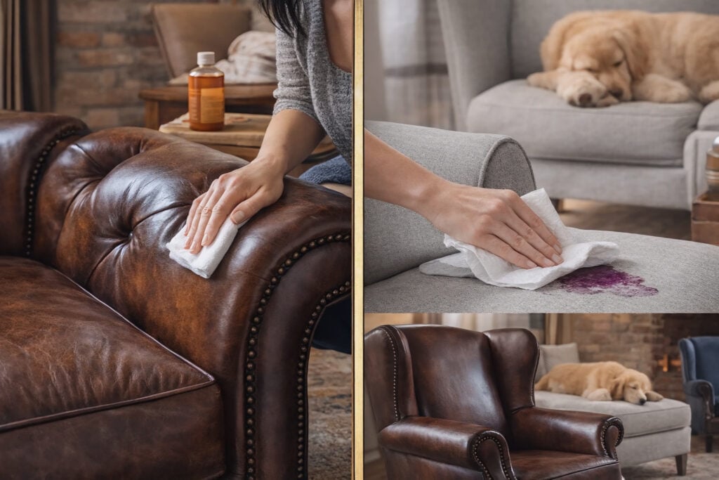 2 Upholstery cleaning: hands wiping leather and gray fabric sofa to remove wine stain; dog sleeping nearby | Sky Rye Design Upholstery cleaning: hands wiping leather and gray fabric sofa to remove wine stain; dog sleeping nearby