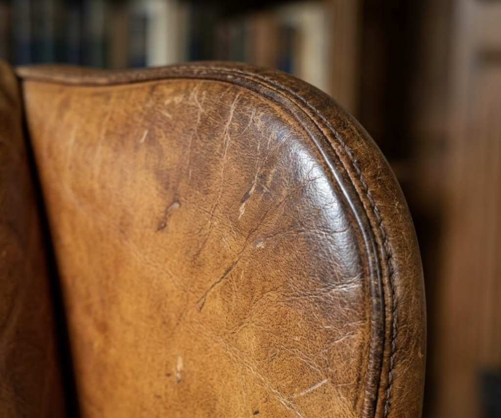 Screenshot 2026-02-28 at 115203 Close-up of vintage brown leather armchair back with distressed patina and stitched edge | Sky Rye Design Close-up of vintage brown leather armchair back with distressed patina and stitched edge