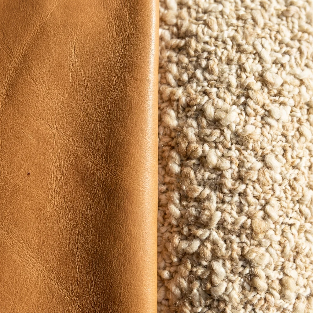 d62cd0fe-88a3-4d30-aa8d-edd356e86bcd-image Close-up tan leather swatch beside beige boucle wool fabric, textured upholstery material contrast | Sky Rye Design Close-up tan leather swatch beside beige boucle wool fabric, textured upholstery material contrast