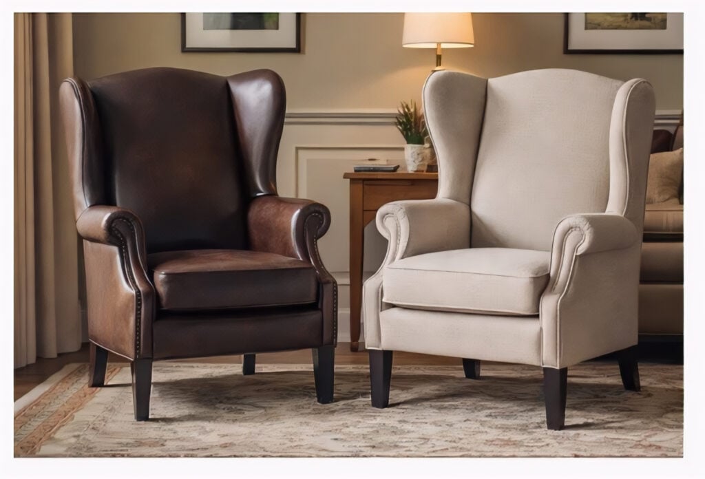 1 Pair of classic wingback chairs — brown leather and beige fabric — in a cozy living room with side table and lamp | Sky Rye Design Pair of classic wingback chairs — brown leather and beige fabric — in a cozy living room with side table and lamp