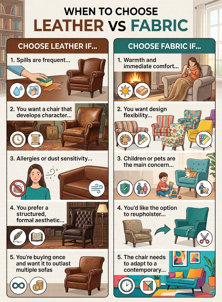 unnamed - 2026-02-28T115803758 Leather vs fabric chairs infographic: compare spills, comfort, allergies, pets, design options, reupholstery, durability. | Sky Rye Design Leather vs fabric chairs infographic: compare spills, comfort, allergies, pets, design options, reupholstery, durability.