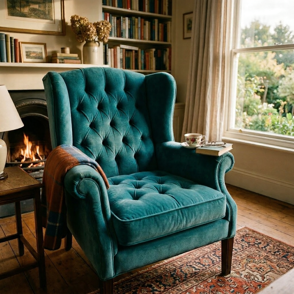 unnamed - 2026-02-28T114902296 Teal velvet wingback armchair in cozy reading nook by fireplace with book, glasses, teacup and throw blanket | Sky Rye Design Teal velvet wingback armchair in cozy reading nook by fireplace with book, glasses, teacup and throw blanket