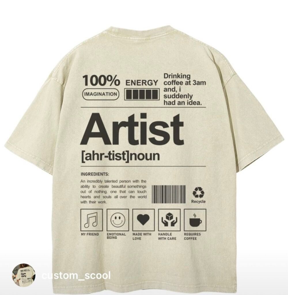 Beige back-view graphic t-shirt with bold Artist definition print, energy bars, coffee and recycle icons — creative streetwear tee.