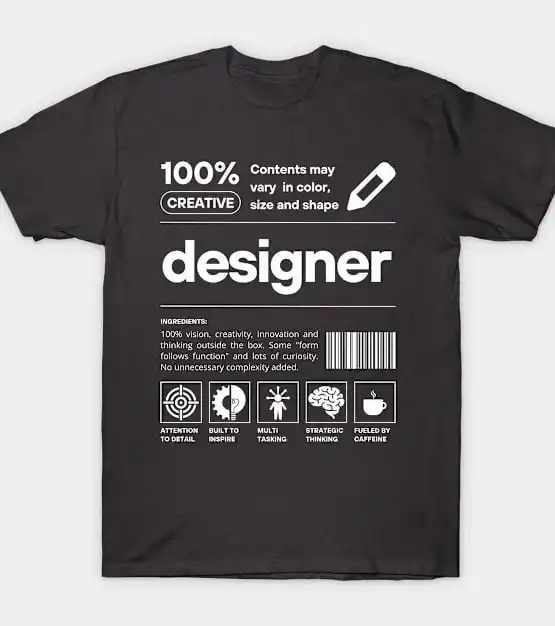 Black designer graphic tee with white 100% Creative label-style print and icons for attention to detail, multitasking, caffeine.