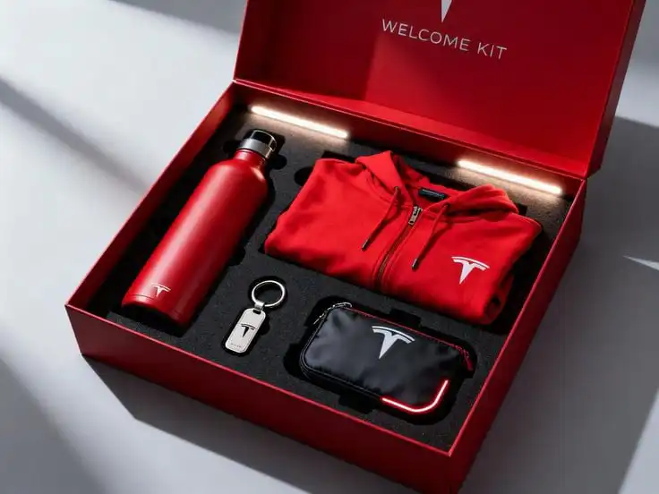 Tesla welcome kit: red branded box with red hoodie, insulated bottle, key fob keychain and pouch featuring Tesla logos