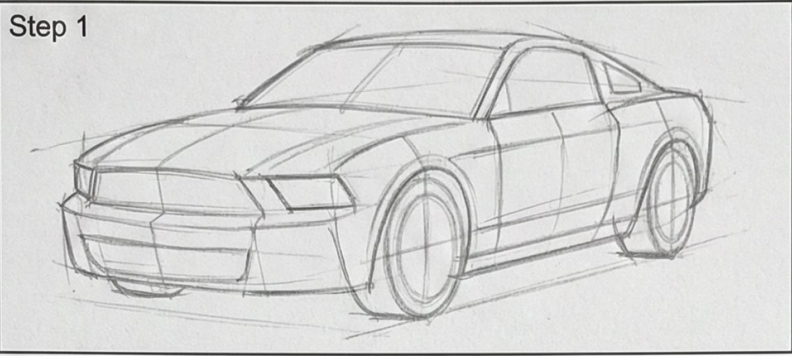 Step 1 pencil sketch of a two-door sports coupe, three-quarter front view with construction lines and wheel guides