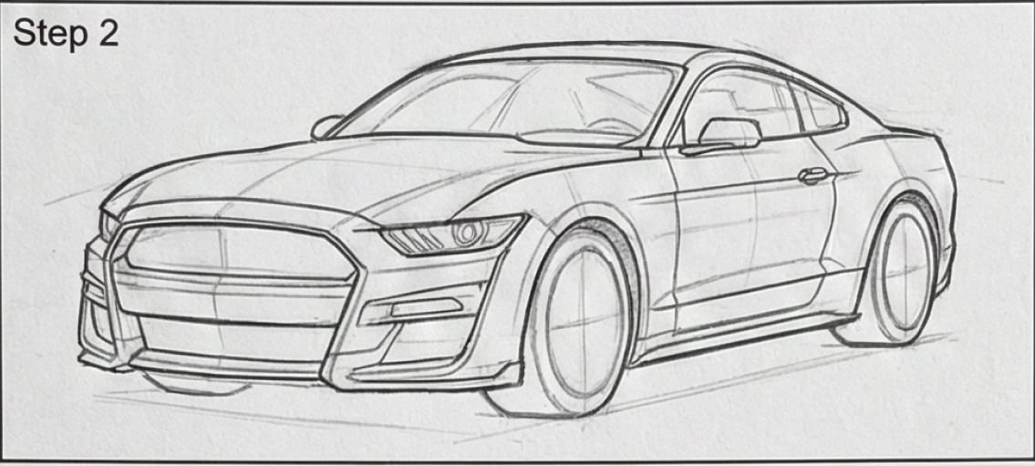 Pencil sketch of a modern sports coupe in three-quarter front perspective, step 2 drawing guide.