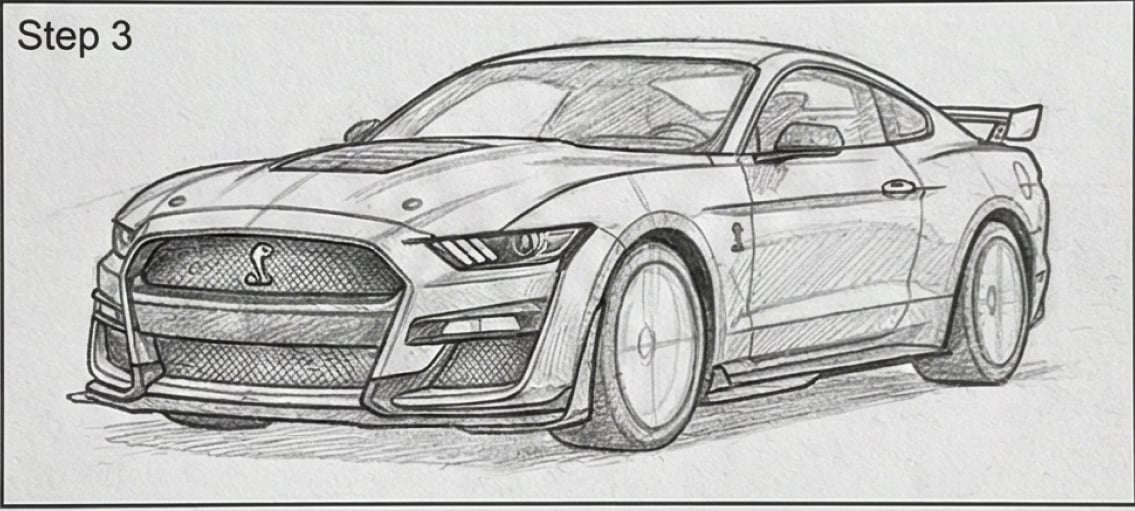 Pencil sketch of a Shelby Mustang sports car, front three-quarter view — detailed muscle car drawing labeled Step 3 for a drawing tutorial.