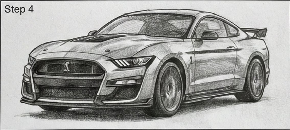 Pencil sketch of a Ford Mustang Shelby GT500 sports car, front three-quarter view with detailed shading and a Step 4 label.