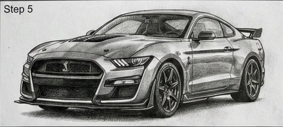 Detailed pencil sketch of a modern muscle sports car, front three-quarter view with aggressive grille, wheels, rear spoiler and realistic shading.
