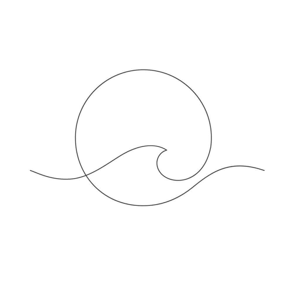 Minimalist single-line ocean wave inside a circle, black outline on white background, simple surf and coastal logo design