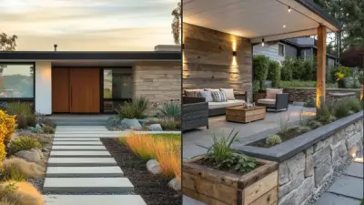 Modern home exterior with concrete stepping-stone walkway, drought-tolerant landscaping and covered patio with seating, wood accents, stone wall