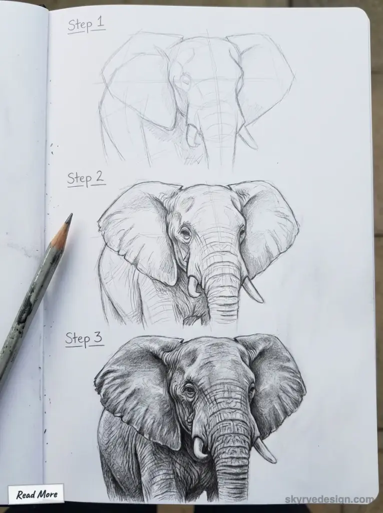 sketch-tutorial - 2026-02-03T010154612 Elephant pencil drawing tutorial: step-by-step sketchbook stages 1-3 with a graphite pencil beside the sketches | Sky Rye Design Elephant pencil drawing tutorial: step-by-step sketchbook stages 1-3 with a graphite pencil beside the sketches