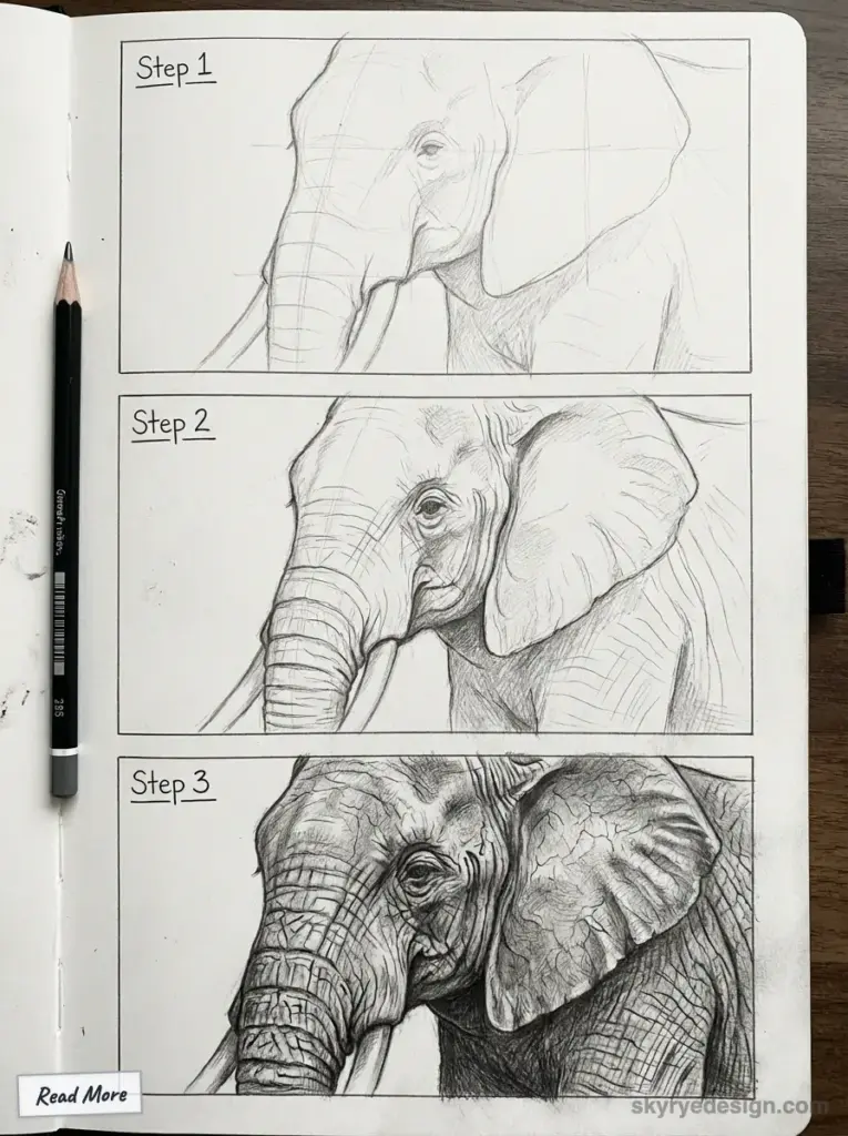 sketch-tutorial - 2026-02-03T031527065 Elephant pencil sketch tutorial: three-step progression in a sketchbook from rough outline to refined detailing and realistic shading. | Sky Rye Design Elephant pencil sketch tutorial: three-step progression in a sketchbook from rough outline to refined detailing and realistic shading.