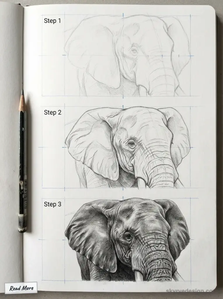 sketch-tutorial - 2026-02-03T032132762 Step-by-step pencil drawing tutorial: three stages of an elephant sketch from rough outline to detailed, realistic shaded portrait. | Sky Rye Design Step-by-step pencil drawing tutorial: three stages of an elephant sketch from rough outline to detailed, realistic shaded portrait.