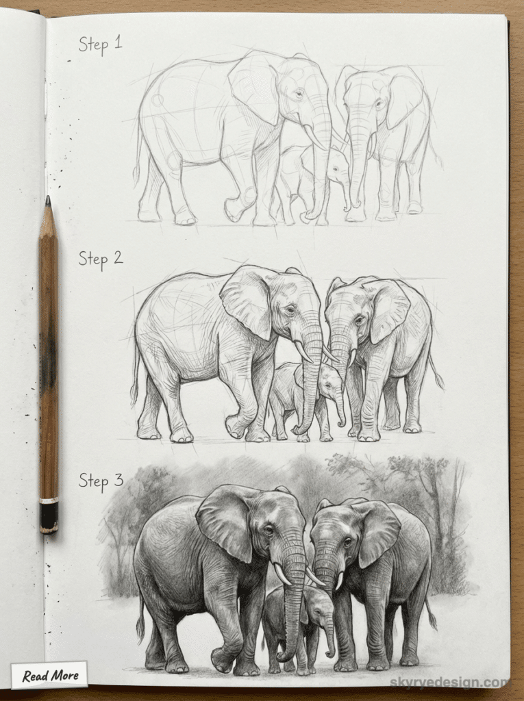 sketch-tutorial - 2026-02-03T032734480 Step-by-step pencil tutorial of two adult elephants and a calf in a sketchbook, showing construction, mid-stage detail and final shaded drawing. | Sky Rye Design Step-by-step pencil tutorial of two adult elephants and a calf in a sketchbook, showing construction, mid-stage detail and final shaded drawing. how to draw an elephant