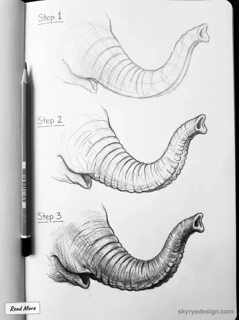 sketch-tutorial - 2026-02-03T033318196 Step-by-step pencil sketch tutorial showing elephant trunk drawing in three stages on a sketchbook page with a graphite pencil. | Sky Rye Design Step-by-step pencil sketch tutorial showing elephant trunk drawing in three stages on a sketchbook page with a graphite pencil.