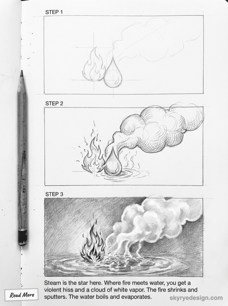 Three-step pencil sketch tutorial: fire meets water producing steam, showing flame, droplet, ripples and a vapor cloud.