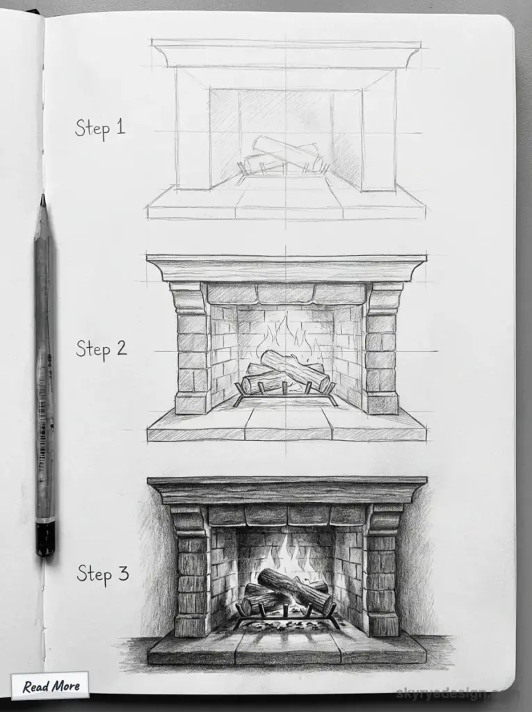 Three-step pencil sketch tutorial of a stone fireplace on a sketchbook page, showing progress from layout to detailed shading.