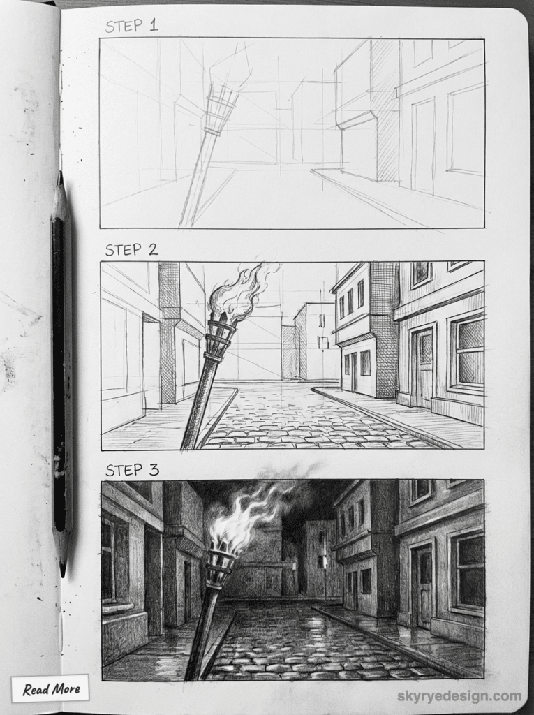 Step-by-step pencil tutorial: three-stage perspective sketch of a torch-lit cobblestone city street
