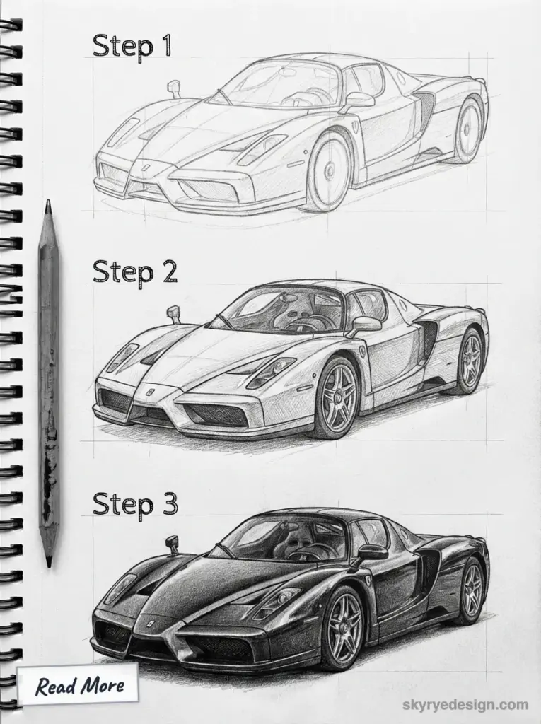 Step-by-step pencil sports car drawing tutorial in a sketchbook: outline, refined sketch, and final shaded realistic rendering with pencil.