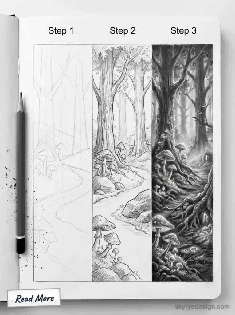 Sketchbook showing 3-step pencil forest drawing tutorial: rough layout, refined linework, final shaded forest with mushrooms.